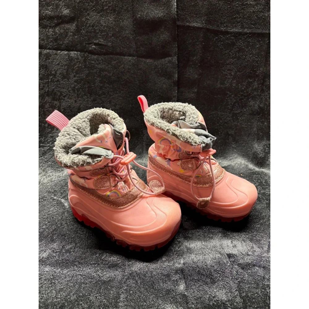 Girls Pink Unicorn Rainbow Snow Boots Glitter Trim Faux Fur Lined Winter Boots